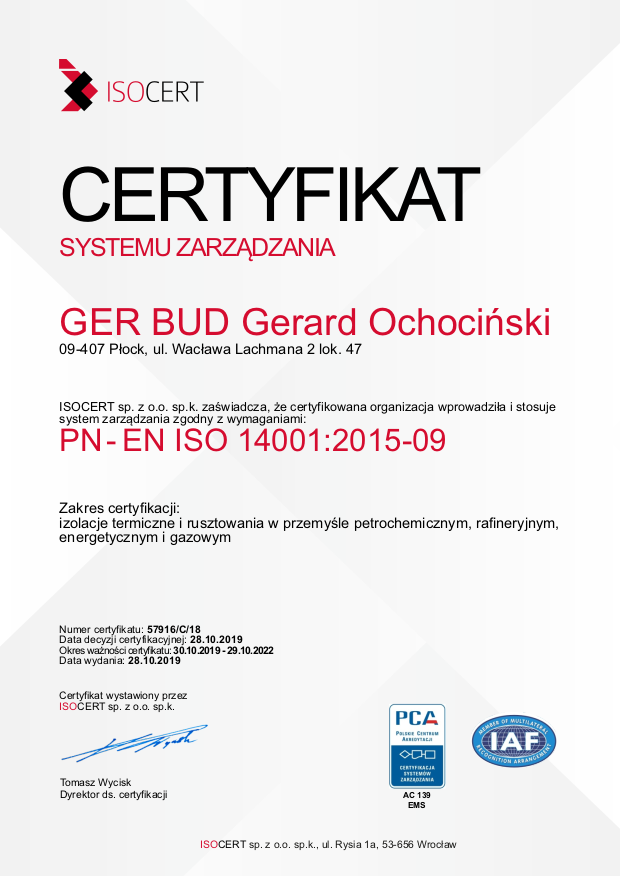 Certyfikat PN-EN ISO 14001:2015-09